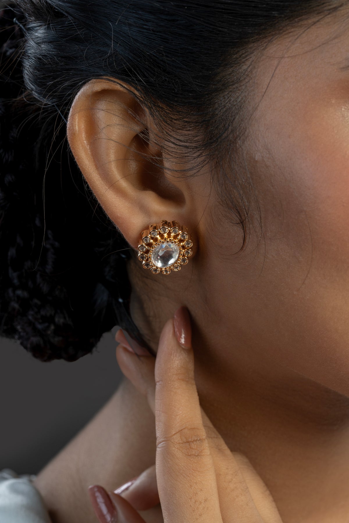 White Oval Stone Floral Gold-Tone Stud Earrings for Women