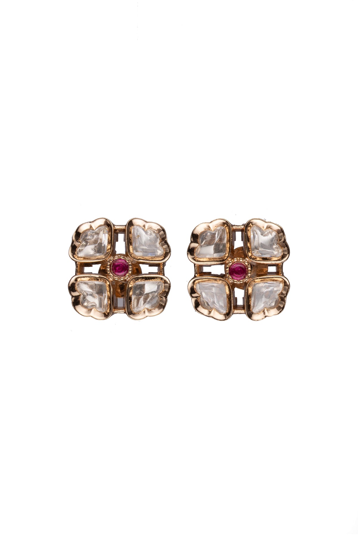 Gold-Tone Square Stud Earrings with Pink Centre Stone for Women