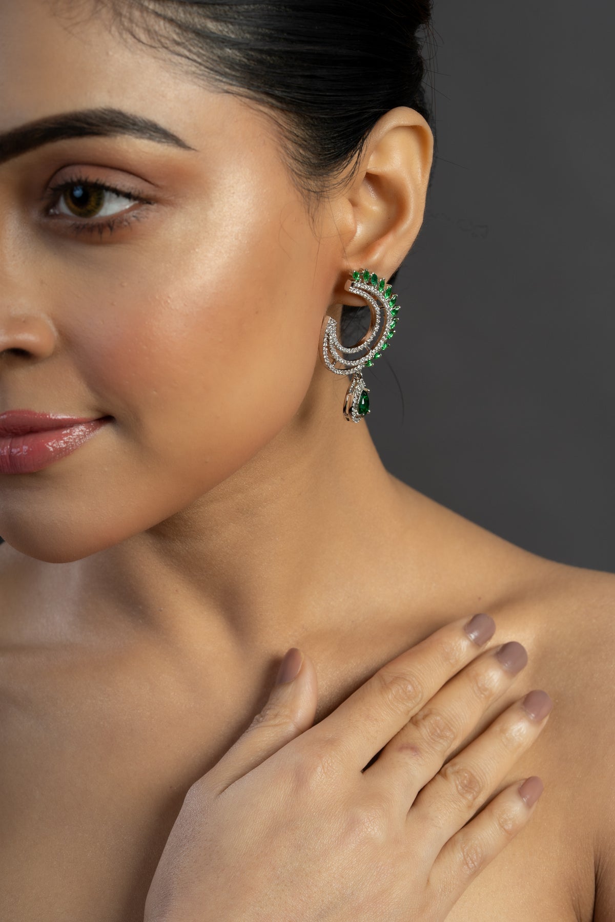 Green Stone Silver-Tone Crescent Drop Earrings for Women