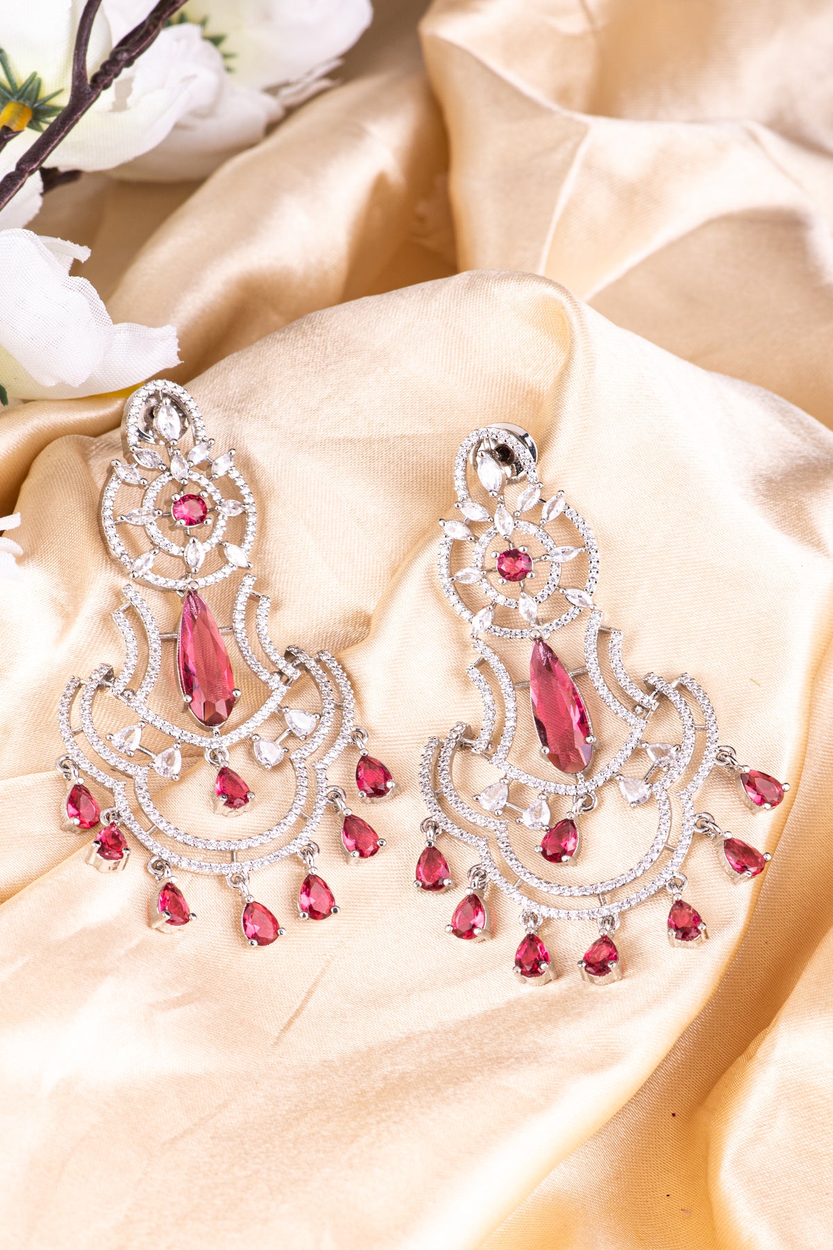 Silver-Tone Pink Stone Chandelier Drop Earrings for Women