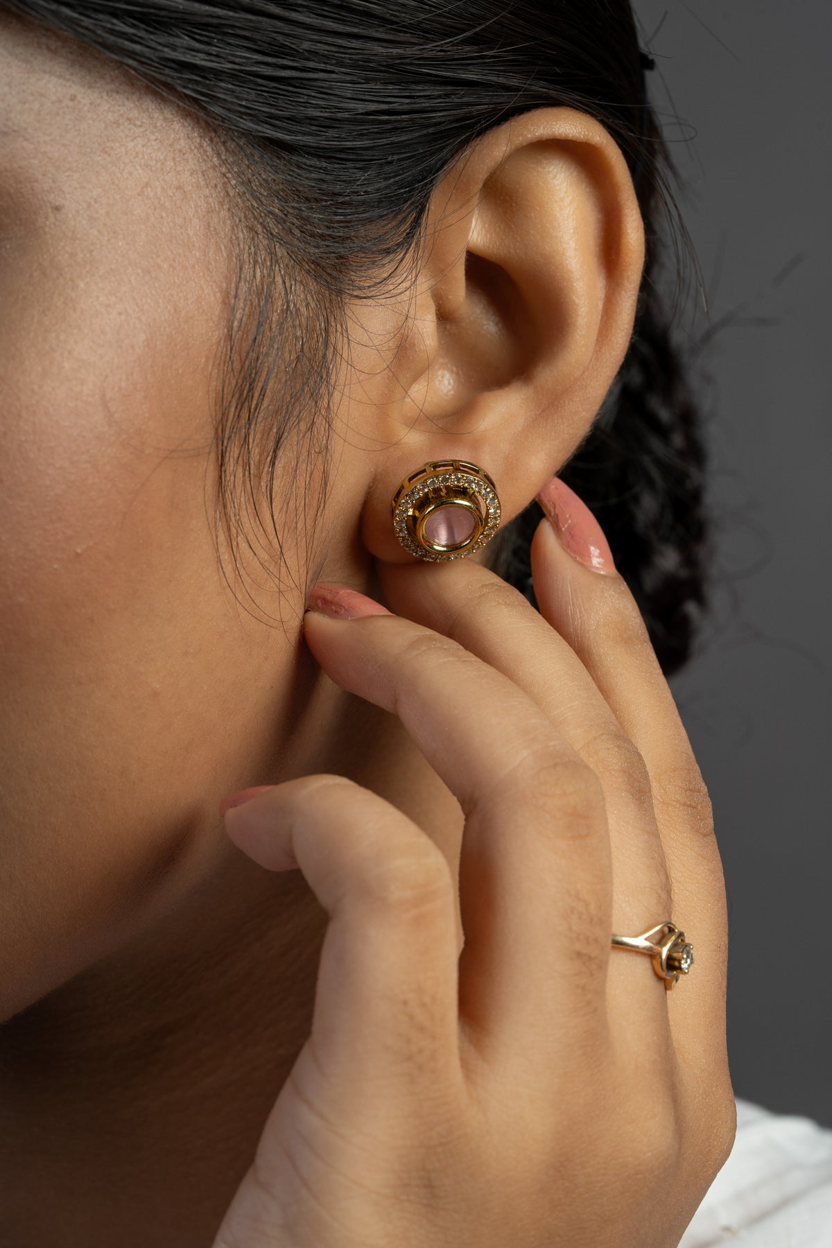 Gold-Tone Pink Stone Halo Stud Earrings for Women