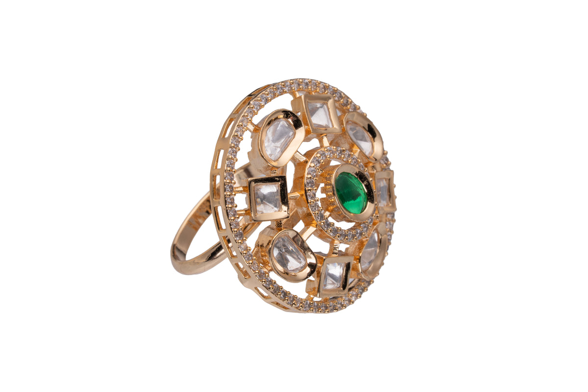 Gold-Tone Floral Statement Ring with Green Center Stone and Clear Accents for Women