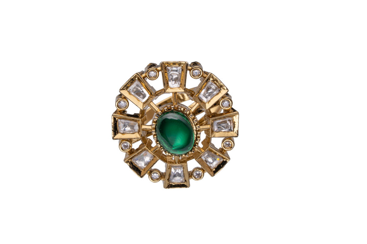 Gold Floral Statement Ring with Green Center Stone for Women