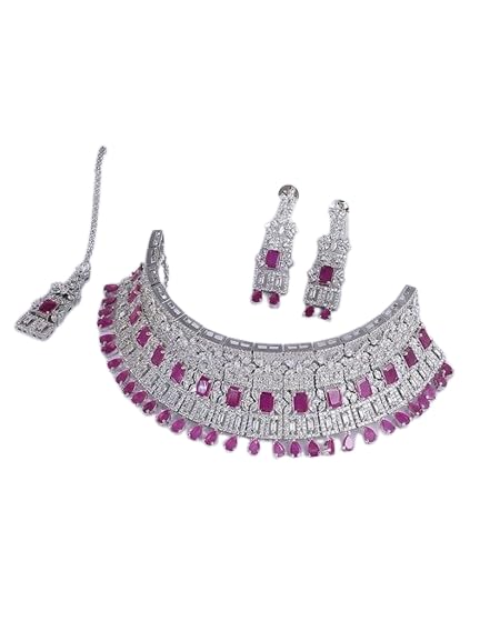KAYRAH Women Pink Brass Material Crafted CZ Stone Studed Necklace with Earrings with Matching Earrings with Matching Earrings