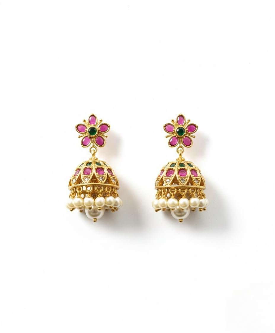 Gold Plated Floral Jhumka Earrings for Women Stylish | Pink Stone Traditional Fashion Jewellery Earrings for Girls | Elegant Earrings Gift for Women