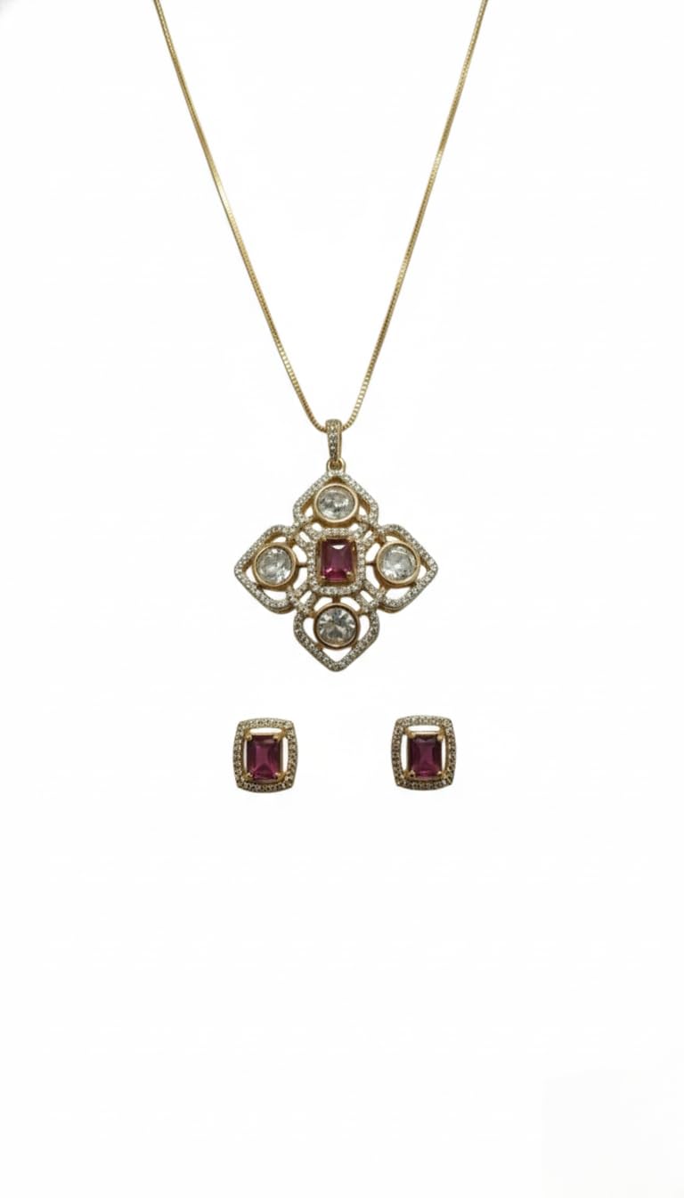 KAYRAH Gold Plated Green Stone Pendant Necklace Set with Stud Earrings, American Diamond, Fashion Jewellery for Women with Matching Earrings with Matching Earrings