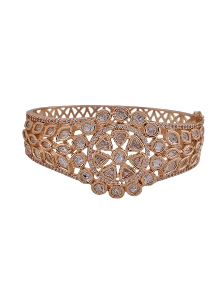 KAYRAH Gold Plated Floral Stone Studded Cuff Bracelet for Women Elegant Fashion Jewellery