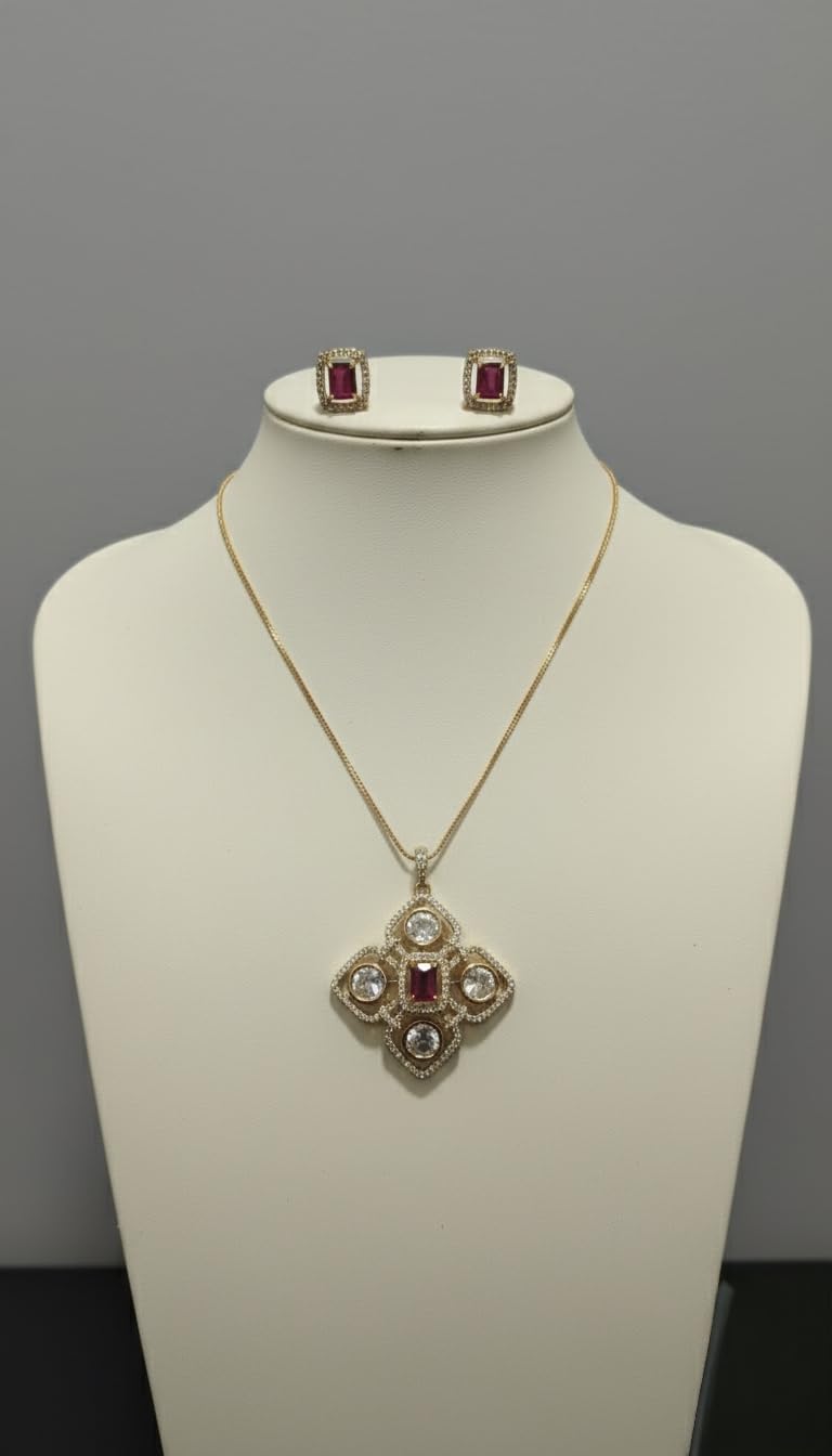 KAYRAH Gold Plated Green Stone Pendant Necklace Set with Stud Earrings, American Diamond, Fashion Jewellery for Women with Matching Earrings with Matching Earrings