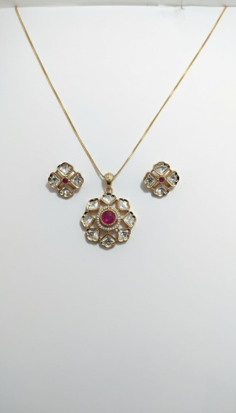 KAYRAH Women Red Brass Material Crafted Kundan Stone Studed Necklace with Earrings with Matching Earrings with Matching Earrings