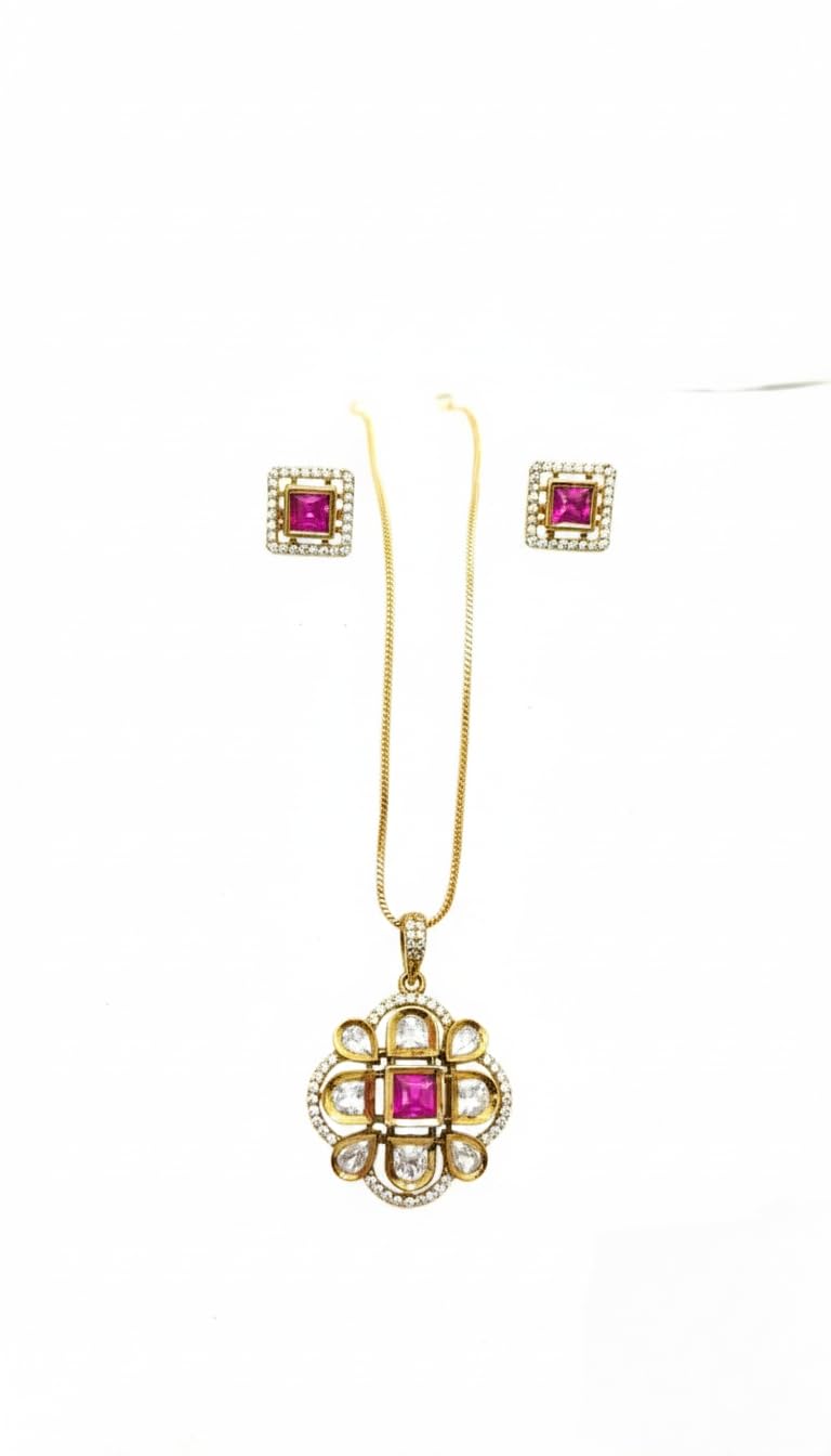 KAYRAH Women Red Brass Material Crafted Kundan Stone Studed Necklace with Earrings with Matching Earrings with Matching Earrings