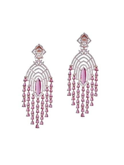 Rose Gold Plated Pink Stone Tassel Earrings for Women | Long Dangle Fashion Jewellery Earrings for Girls | Stylish Statement Earrings Gift for Women