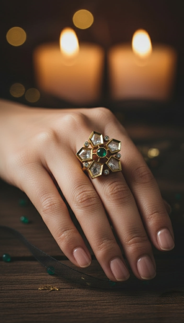 Gold-Tone Floral Statement Ring with Green Center Stone for Women