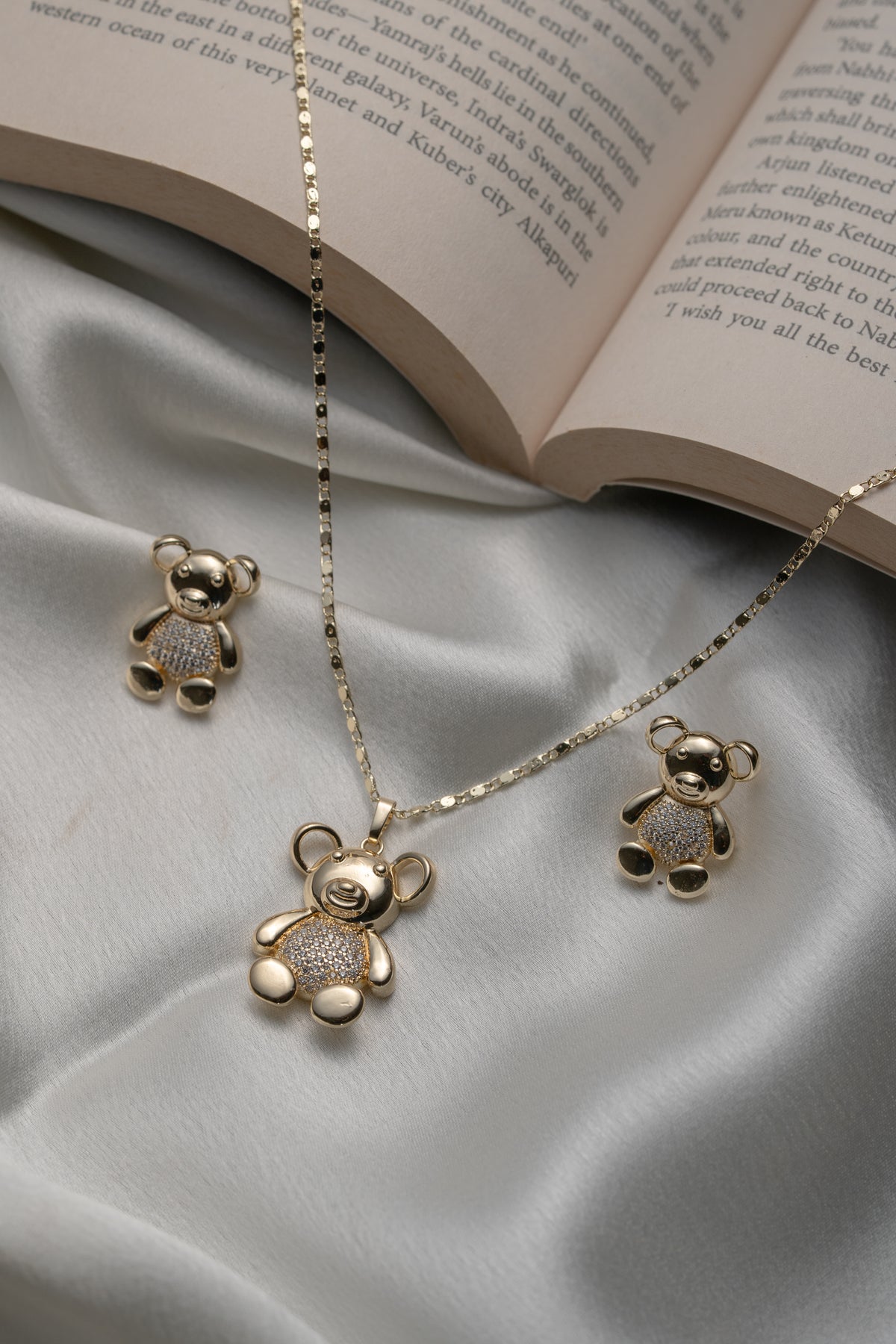 Gold-Tone Teddy Bear Pendant Necklace & Earrings Set for Women