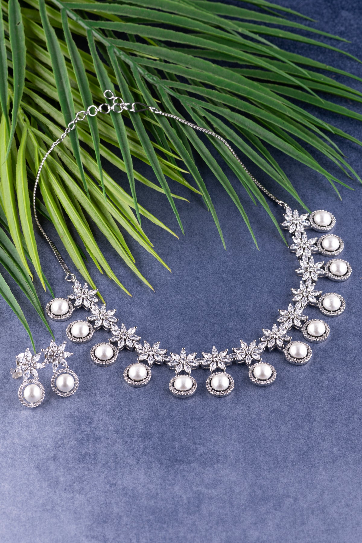 Silver-Tone Floral Pearl Necklace & Earrings Set for Women