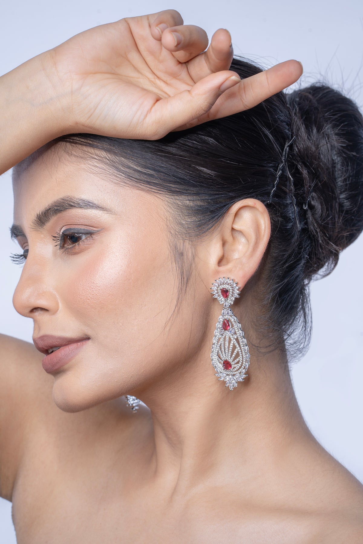 Silver-Tone Red Stone Teardrop Statement Earrings for Women