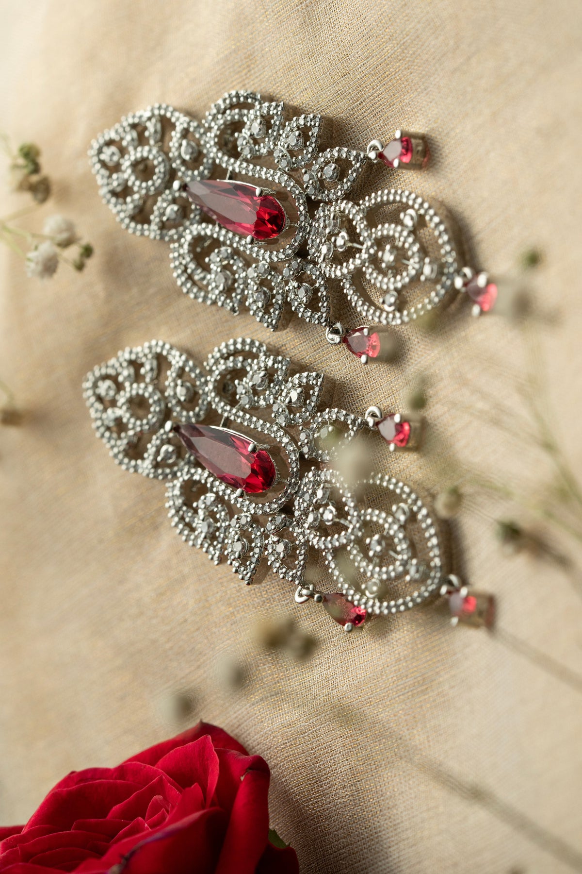 Silver-Tone Red Stone Long Drop Earrings for Women