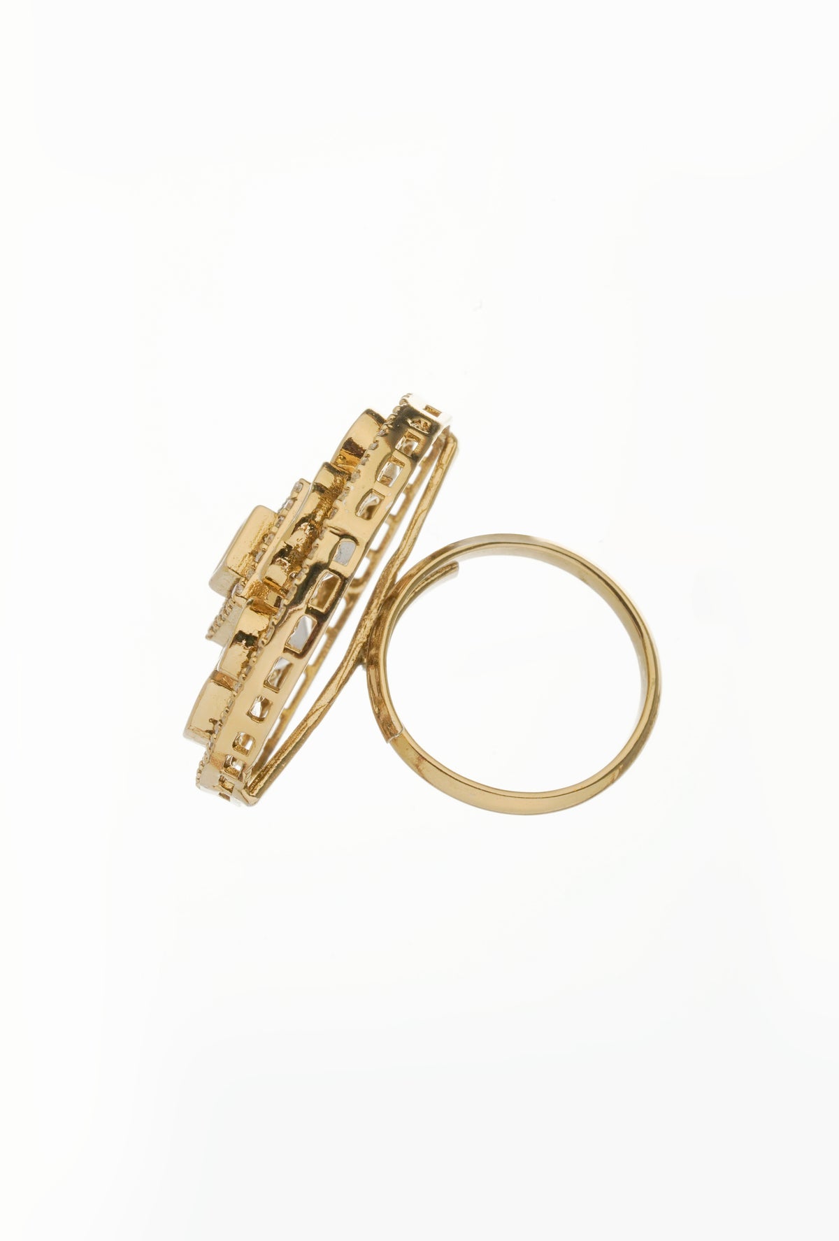Gold Tone Floral Statement Ring with Pink Center Stone and Clear Accents for Women