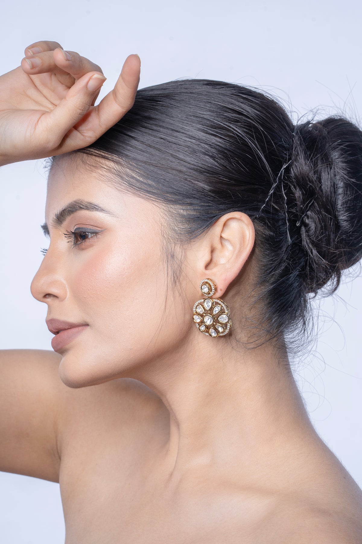 Gold-Tone Floral Kundan Style Drop Earrings for Women