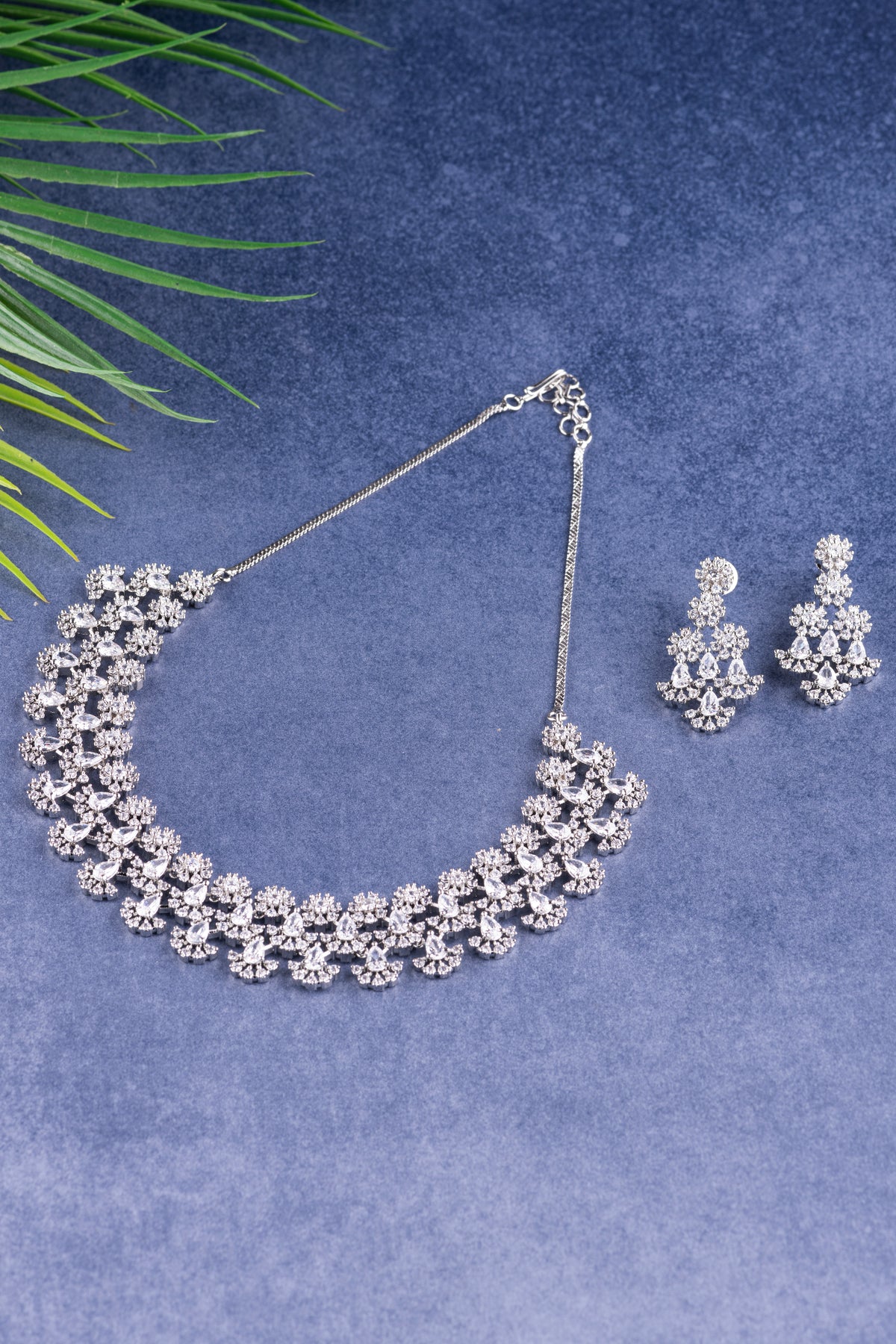 Silver Floral Crystal Necklace & Earrings Set for Women