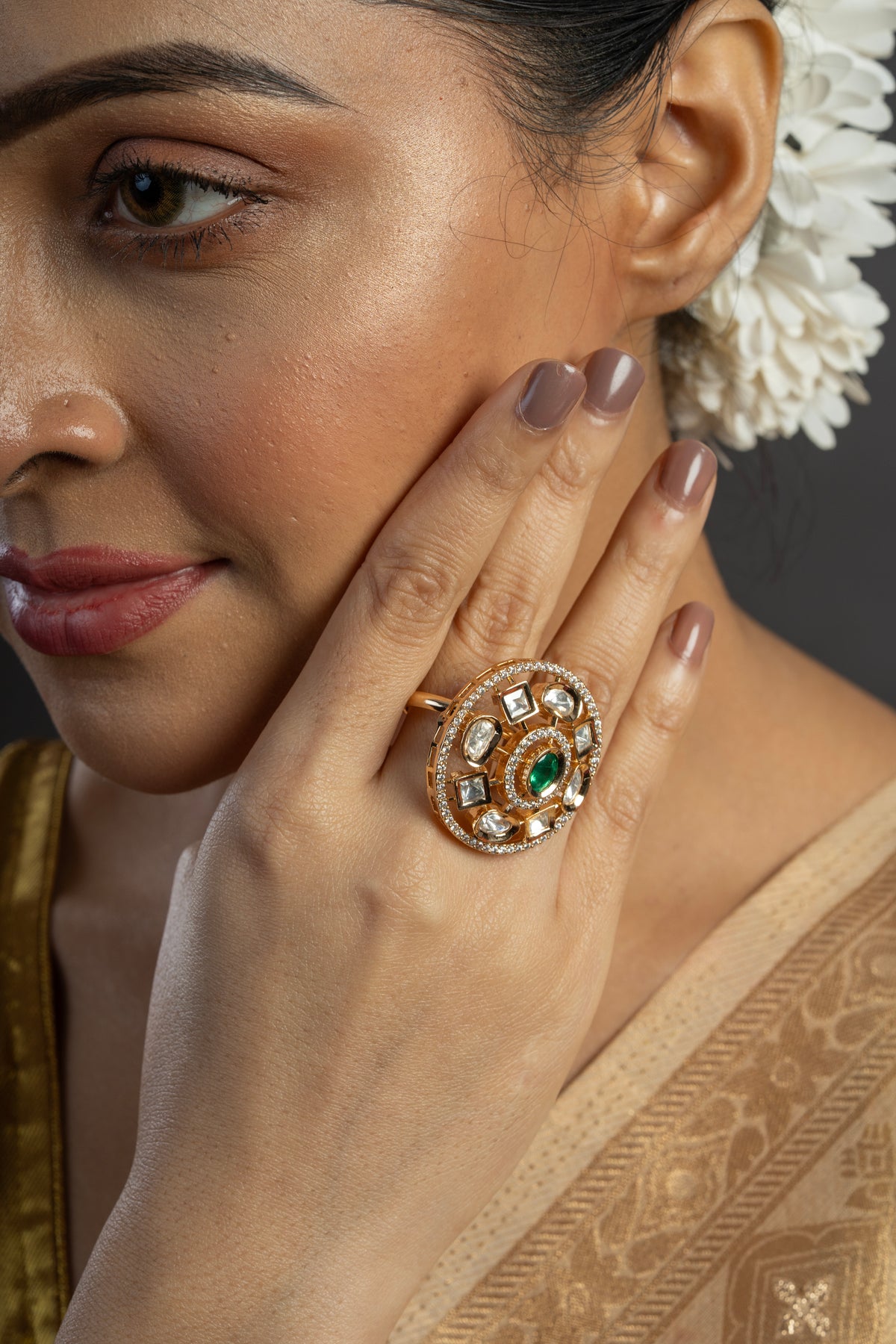 Gold-Tone Floral Statement Ring with Green Center Stone and Clear Accents for Women