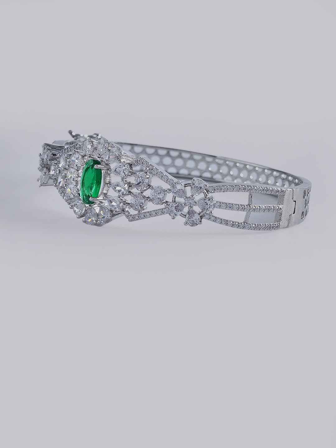 KAYRAH Silver Toned Green Stone Floral Crystal Bracelet for Women
