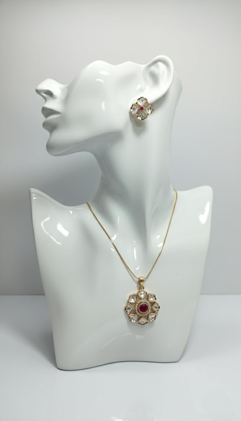 KAYRAH Women Red Brass Material Crafted Kundan Stone Studed Necklace with Earrings with Matching Earrings with Matching Earrings