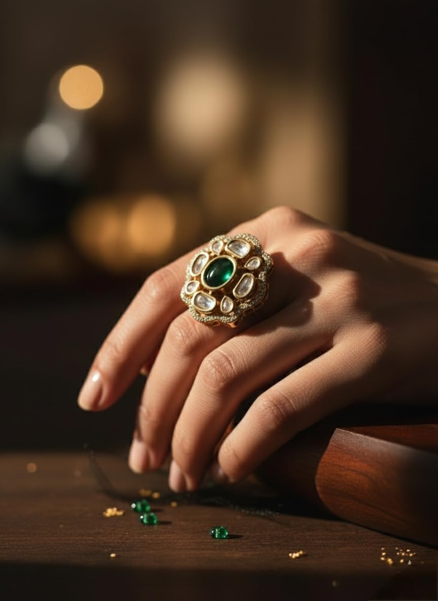 KAYRAH Brass Material Topaz Stone Stud Ring for Women and Girls for Every Occasion (Green Pota )