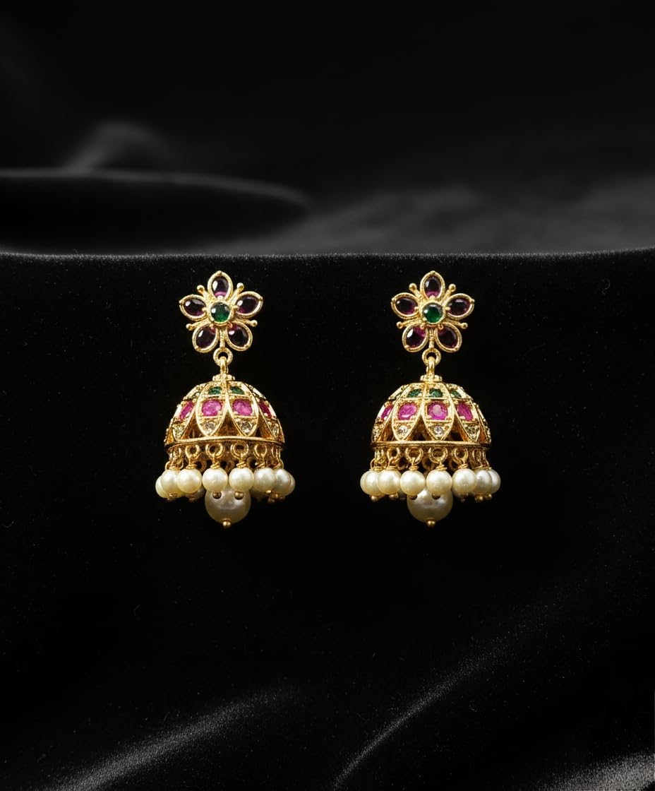 Gold Plated Floral Jhumka Earrings for Women Stylish | Pink Stone Traditional Fashion Jewellery Earrings for Girls | Elegant Earrings Gift for Women