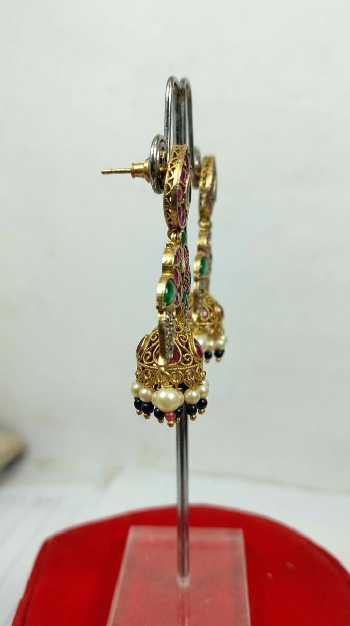 Gold Plated Pink Stone Jhumka Earrings for Women | Traditional Temple Jewellery Earrings for Girls | Bridal Drop Earrings | Gift for Women