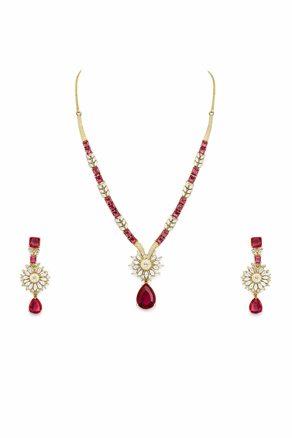 KAYRAH Gold Plated American Diamond Necklace Set with Green Stone Pendant and Earrings Wedding Jewellery for Women & Girls with Matching Earrings with Matching Earrings