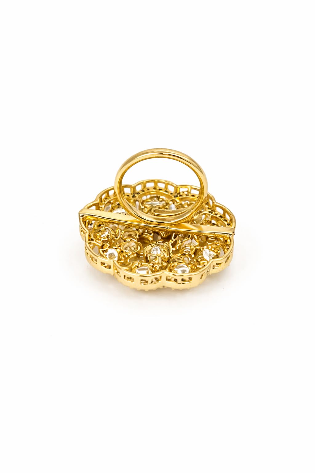 KAYRAH Gold Plated Floral Statement Ring with Green Stone, American Diamond, Cocktail Style, Free Size, Party & Wedding Fashion Jewellery
