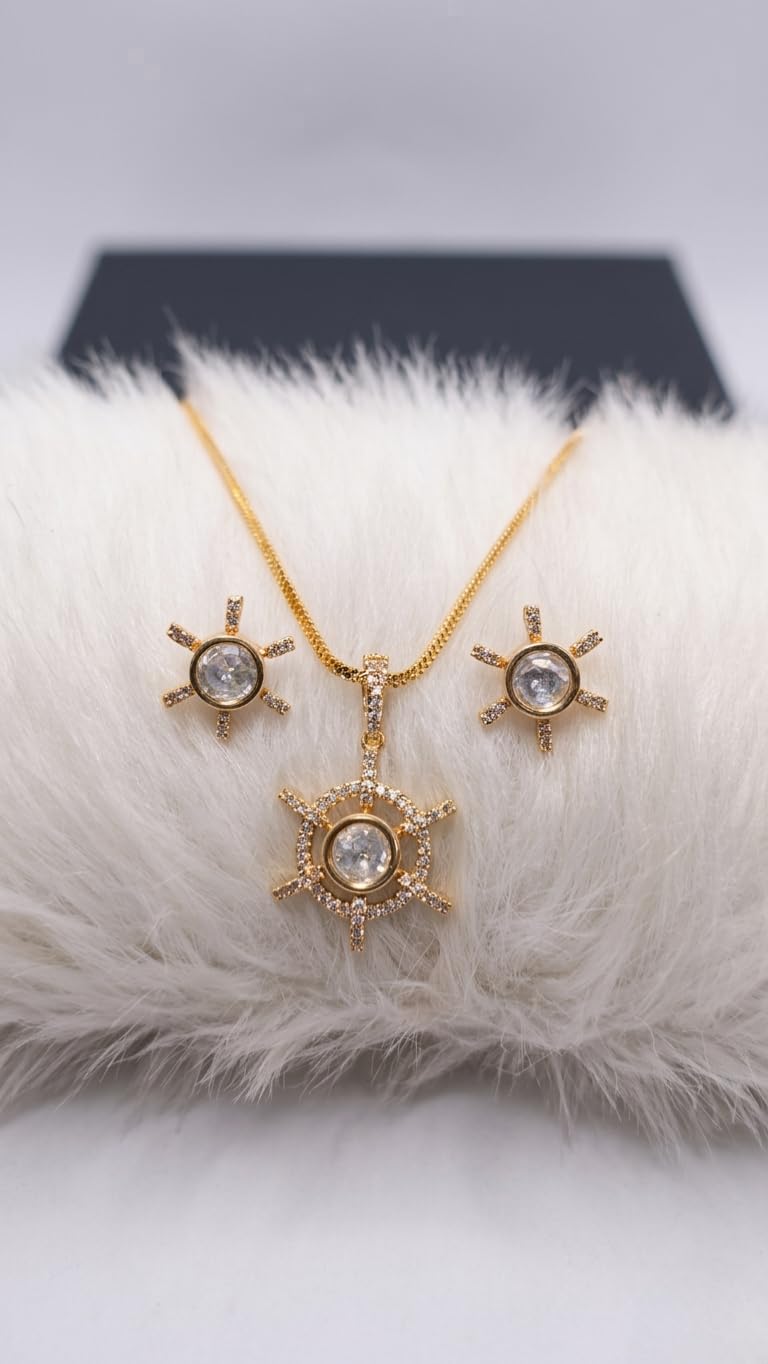 KAYRAH Gold Plated Emerald Green Cubic Zirconia Pendant Necklace Set for Women, with Matching Stud Earrings, Brass, Fashion Jewellery with Matching Earrings with Matching Earrings