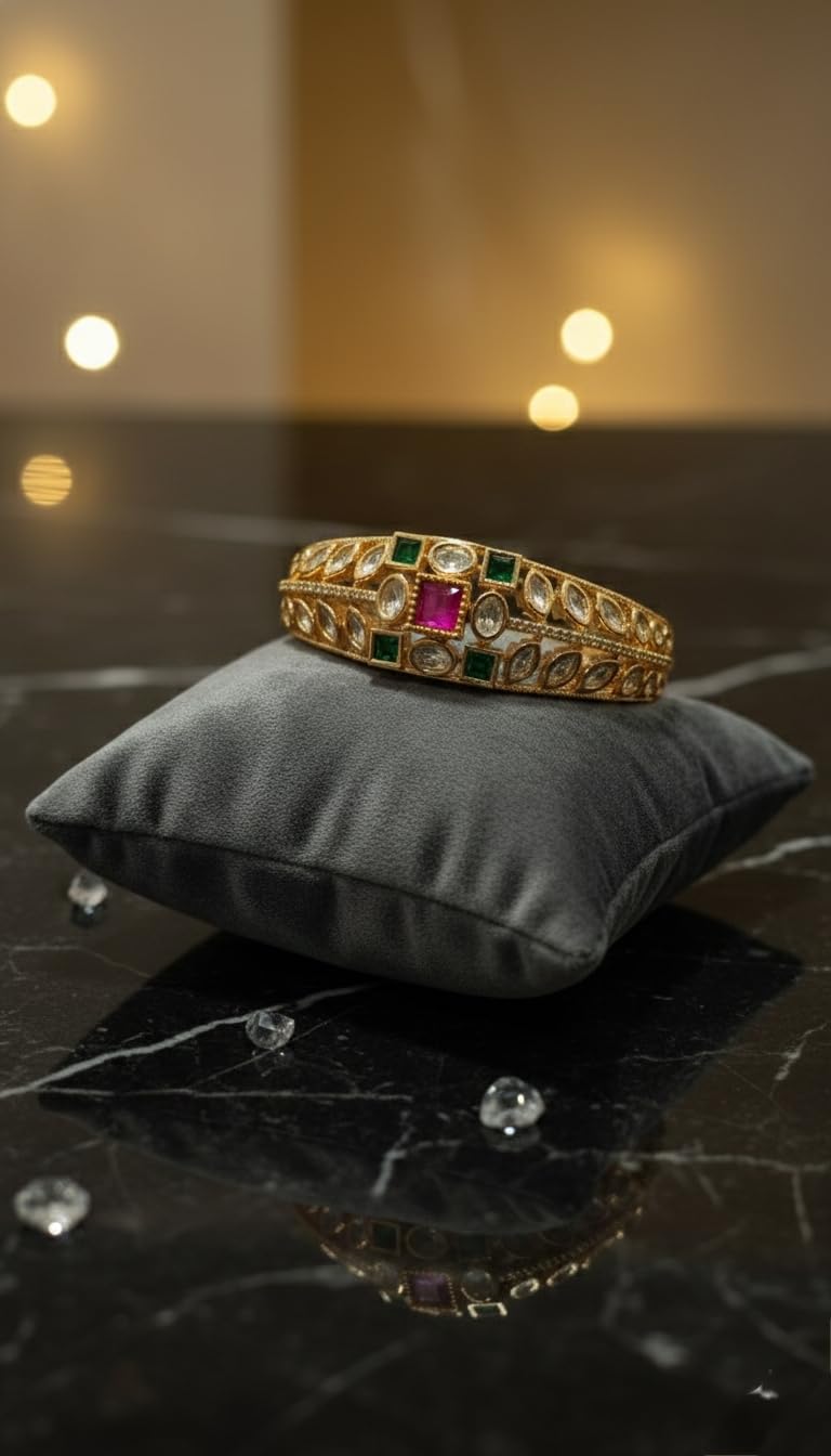 KAYRAH Gold Plated Green Pink Stone Studded Bangle for Women Elegant Fashion Jewellery