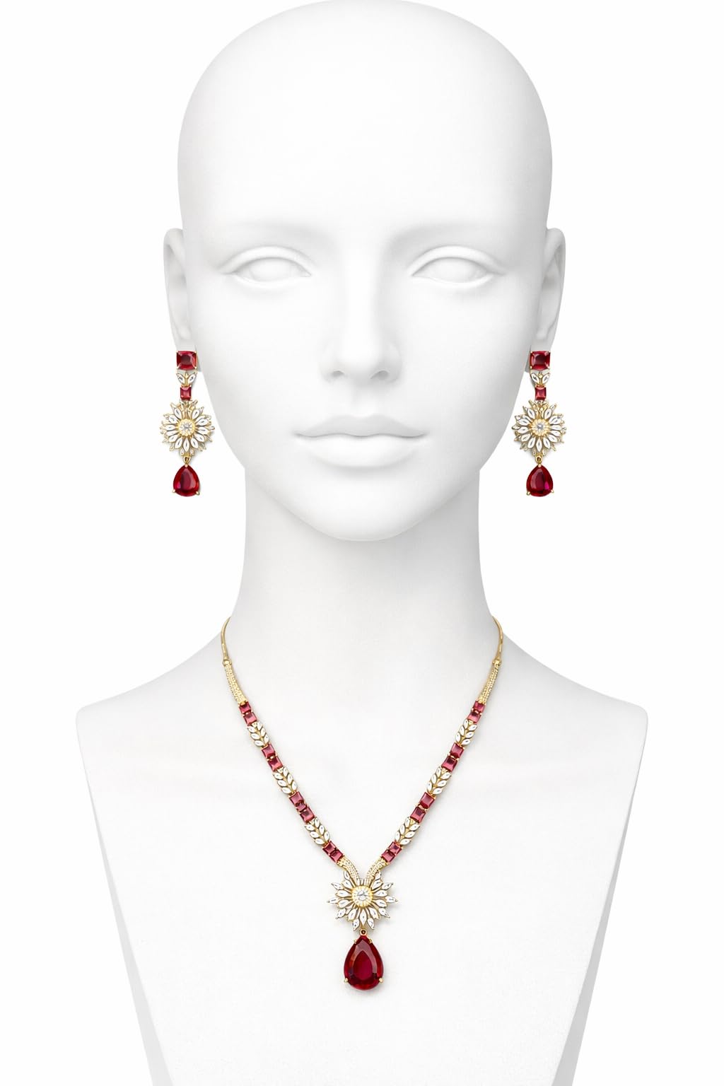 KAYRAH Gold Plated American Diamond Necklace Set with Green Stone Pendant and Earrings Wedding Jewellery for Women & Girls with Matching Earrings with Matching Earrings