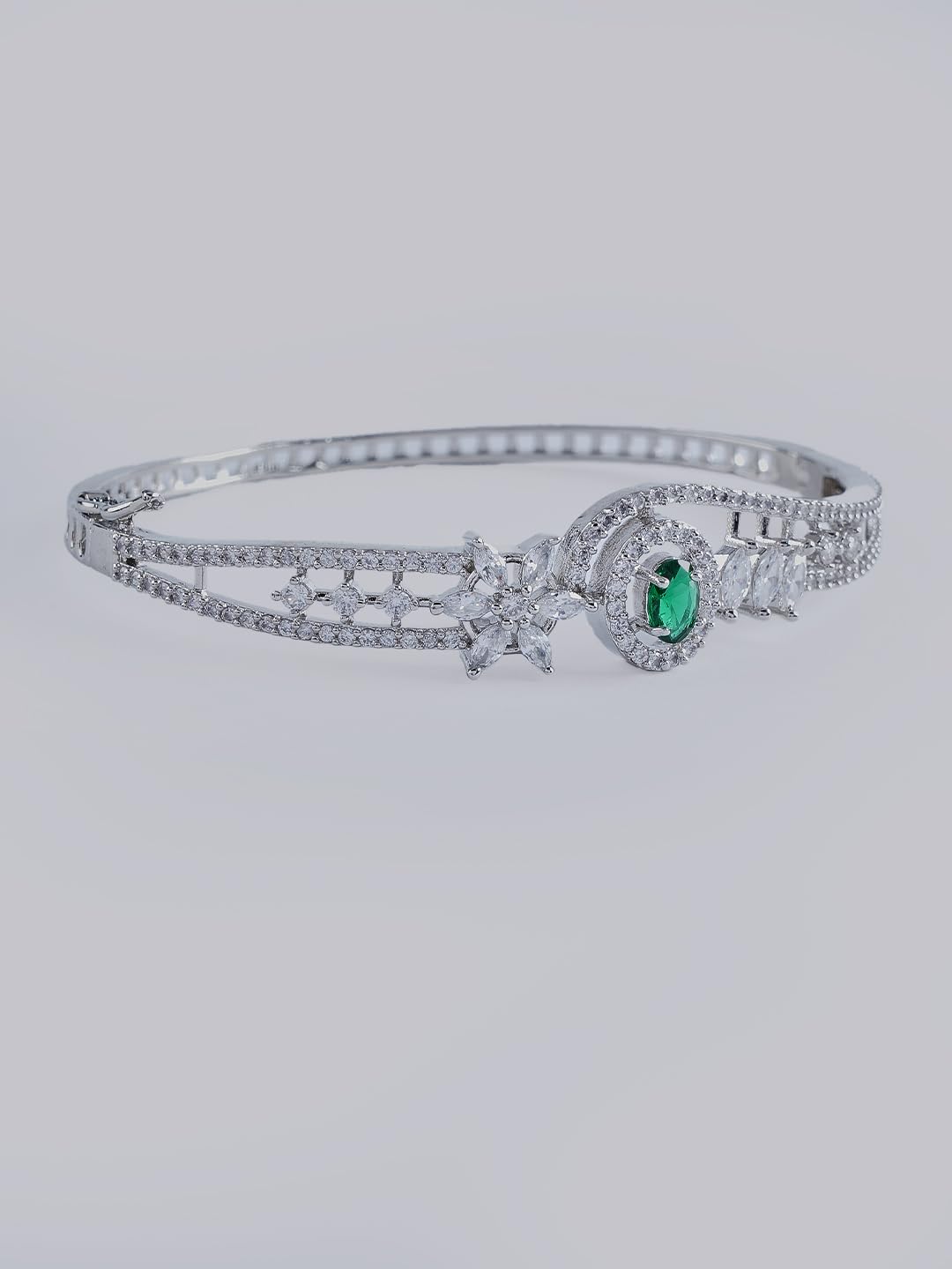 KAYRAH Silver Toned Green Stone Floral Crystal Bracelet for Women