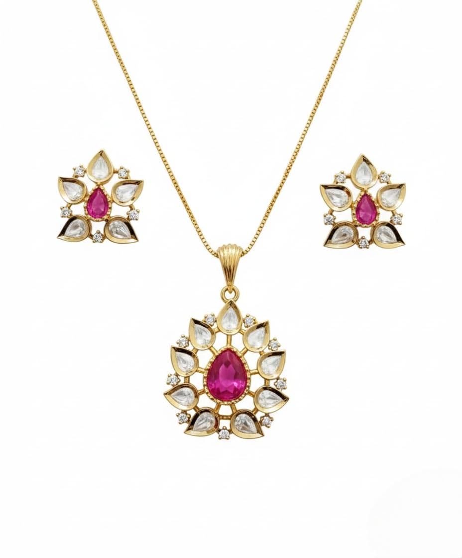 KAYRAH Gold Plated American Diamond Pendant Necklace Set for Women, with Matching Stud Earrings, Brass, Fashion Style, Party and Daily Wear with Matching Earrings with Matching Earrings