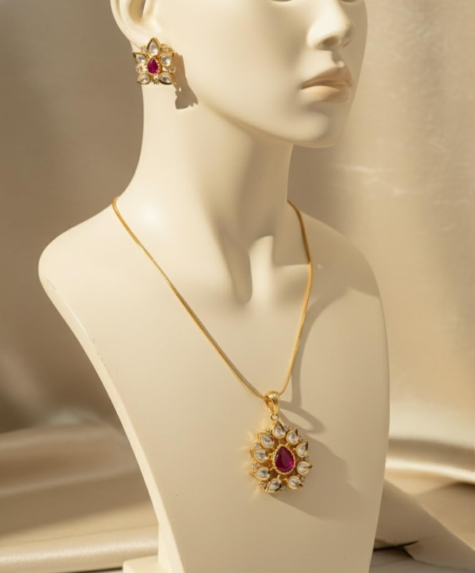 KAYRAH Gold Plated American Diamond Pendant Necklace Set for Women, with Matching Stud Earrings, Brass, Fashion Style, Party and Daily Wear with Matching Earrings with Matching Earrings