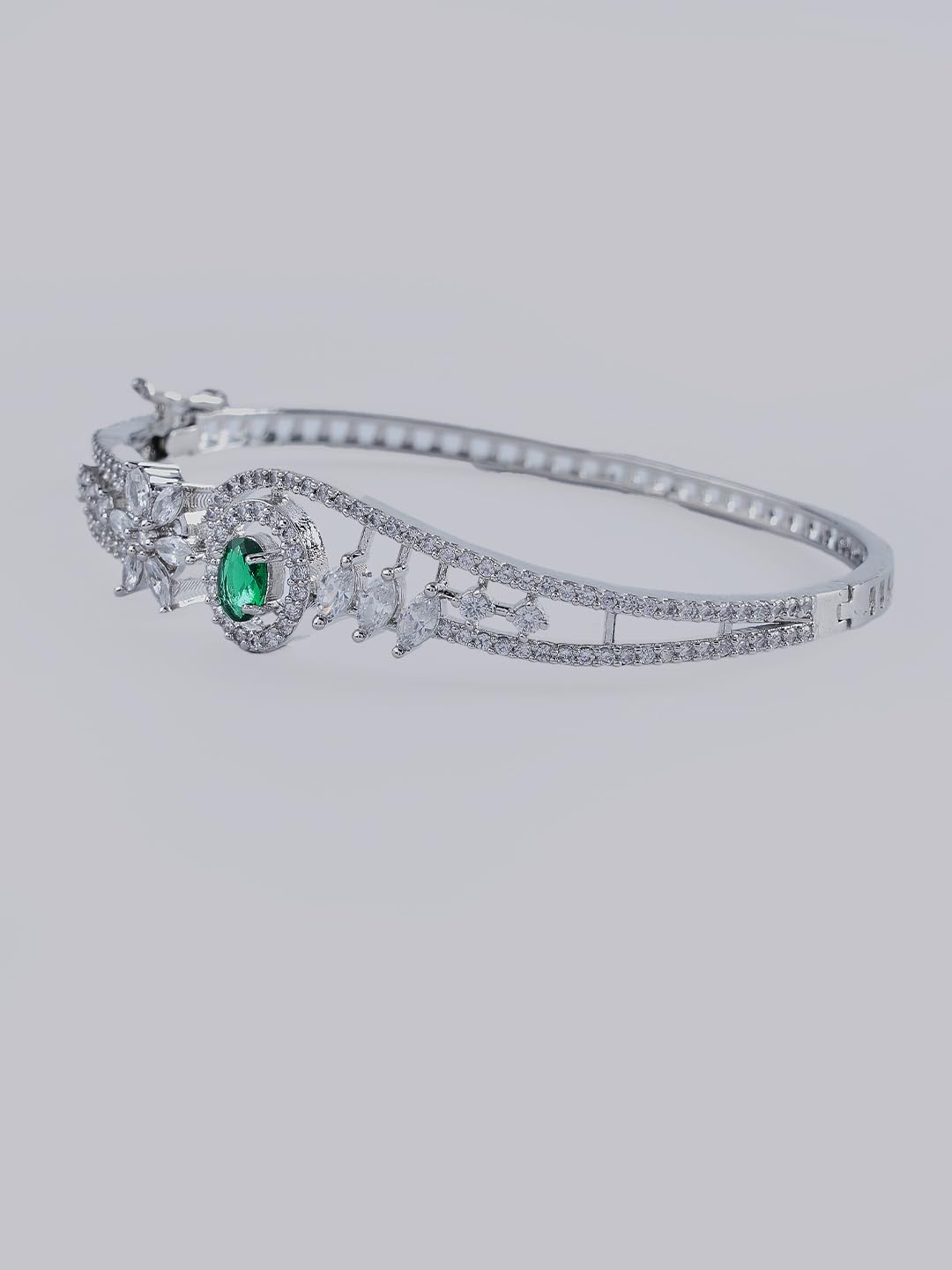 KAYRAH Silver Toned Green Stone Floral Crystal Bracelet for Women