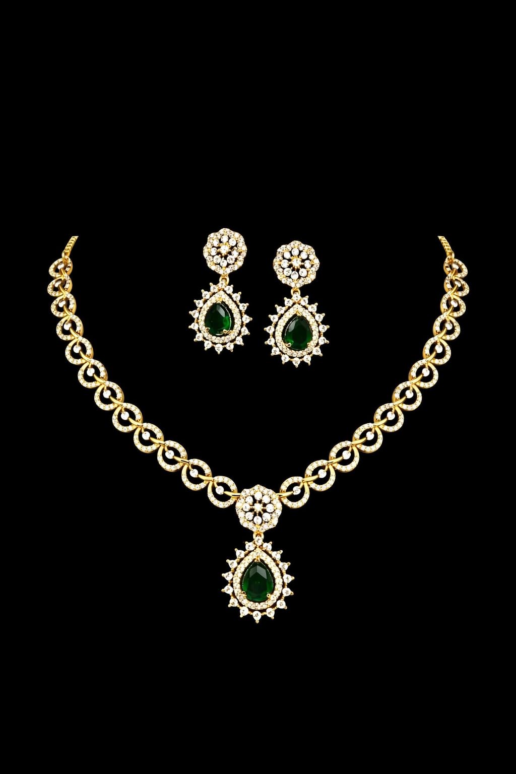 KAYRAH Gold Plated Aqua Green Stone Necklace Set with Long Earrings, Cubic Zirconia, Fashion, Wedding & Festive with Matching Earrings with Matching Earrings