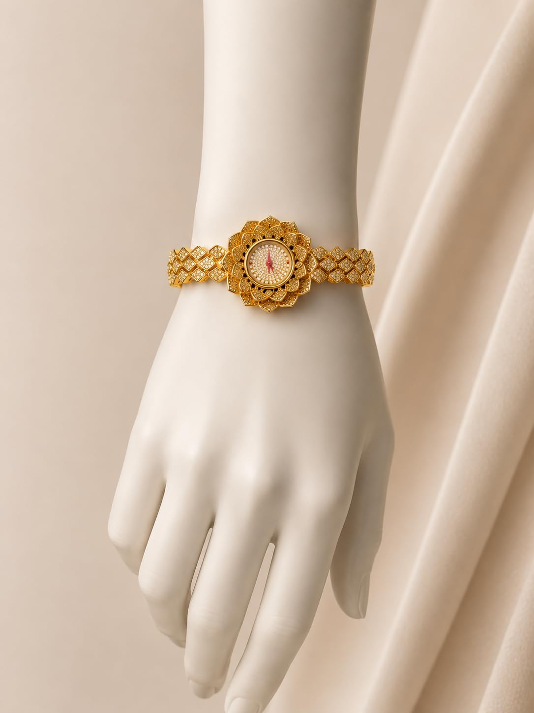 Gold Plated Floral Analog Bracelet Watch for Women