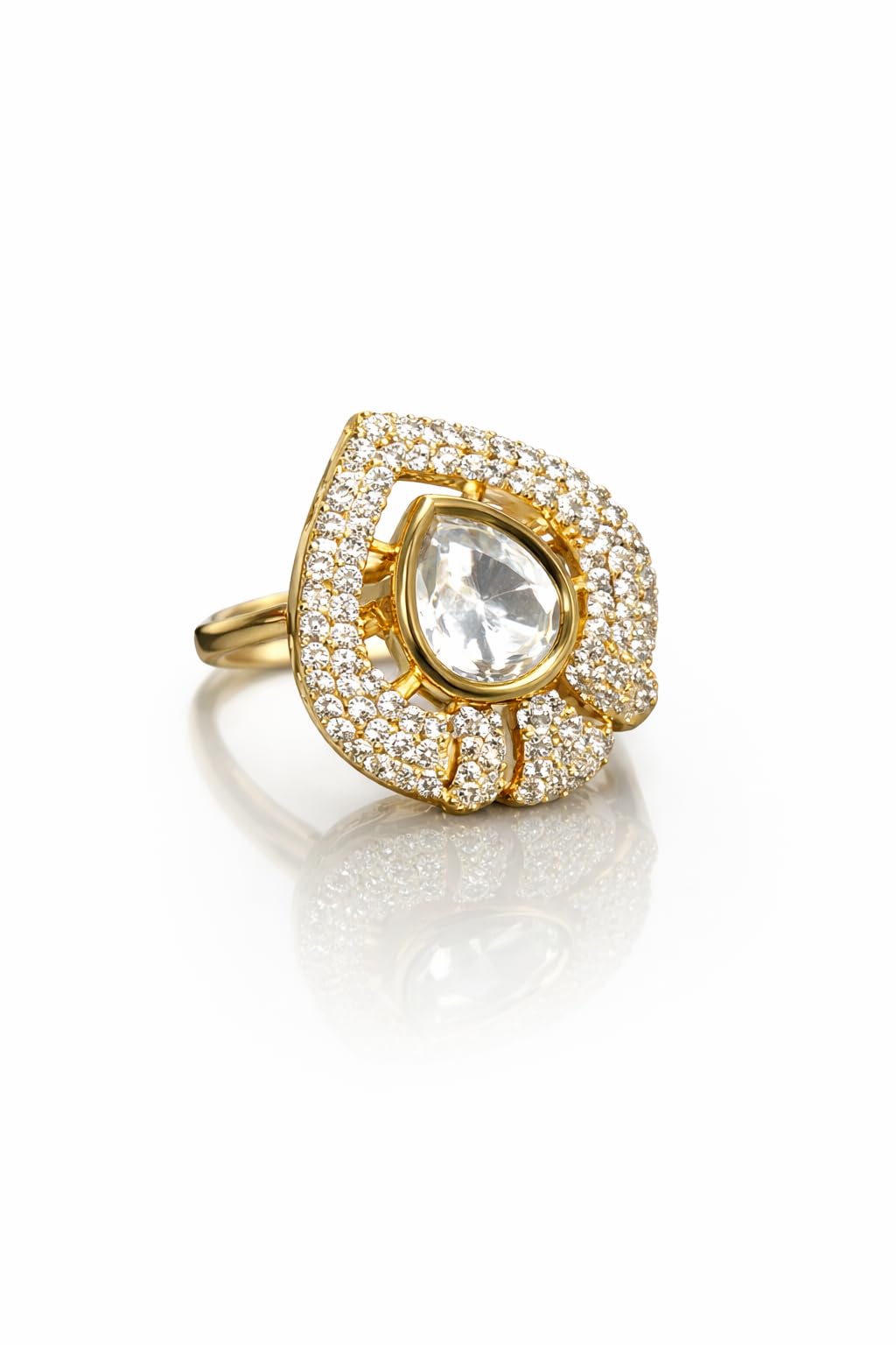 KAYRAH Gold Plated Statement Ring for Women, Teardrop Crystal with Cubic Zirconia Pavé, Party & Wedding Fashion Jewellery