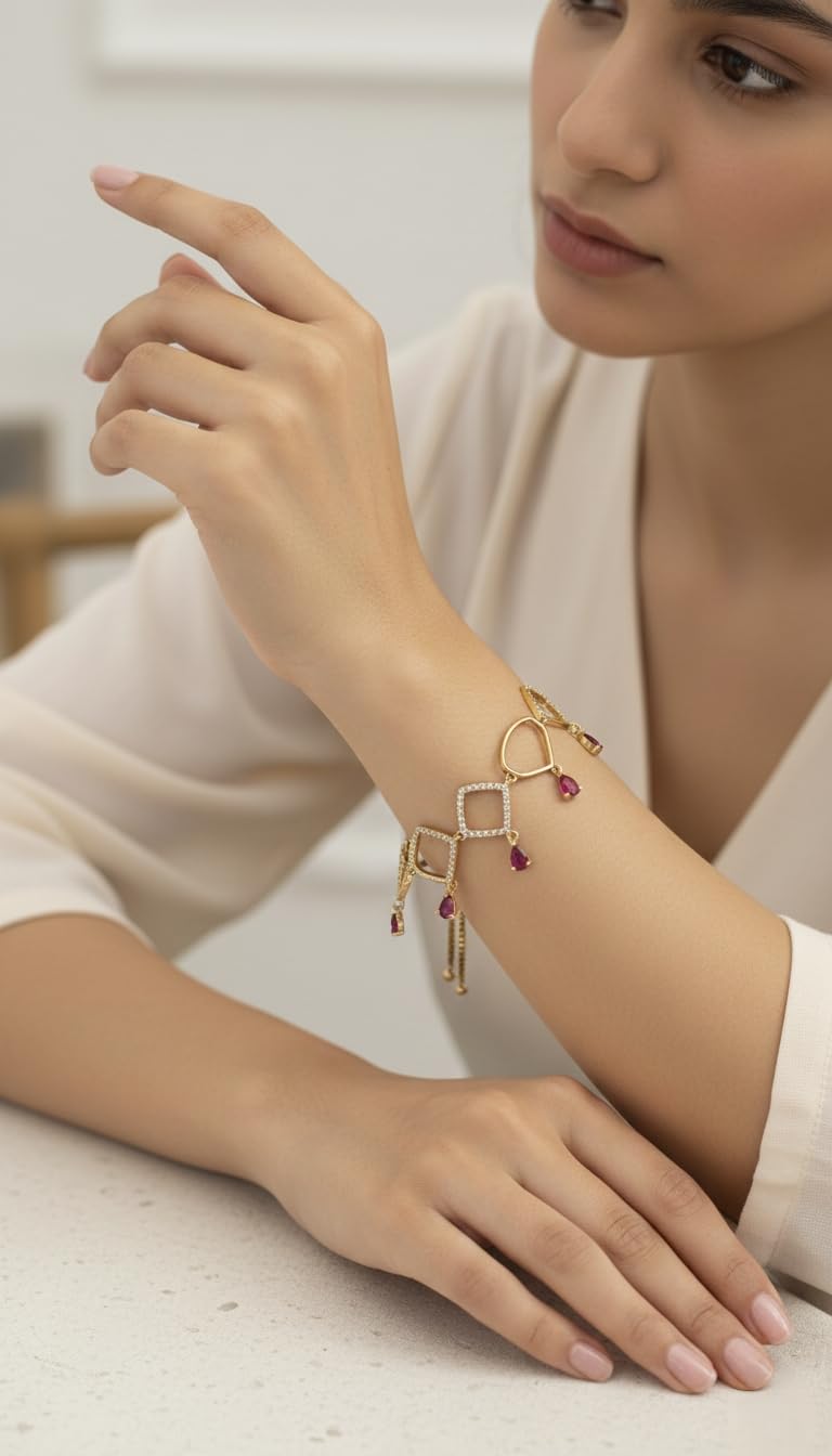 KAYRAH Gold Plated Pink Stone Geometric Charm Bracelet for Women