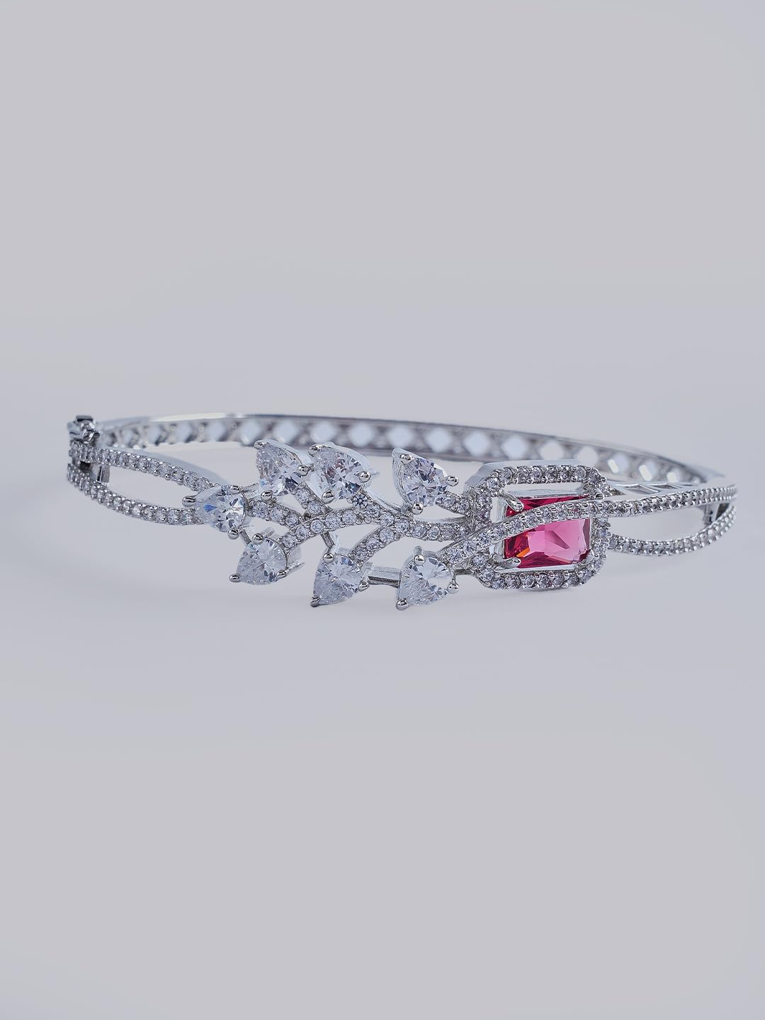 KAYRAH Silver Toned Pink Stone Crystal Floral Bracelet for Women