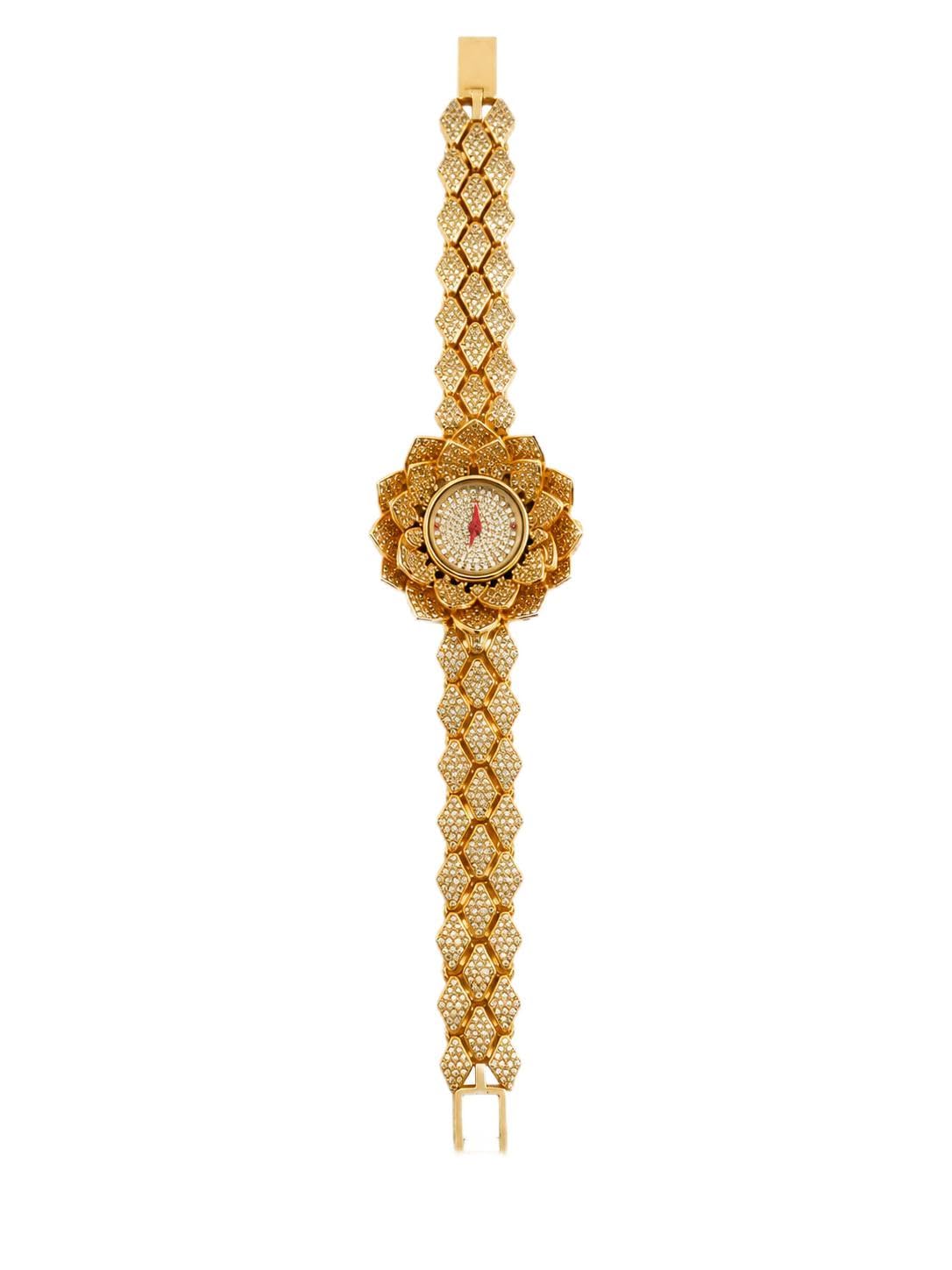 Gold Plated Floral Analog Bracelet Watch for Women