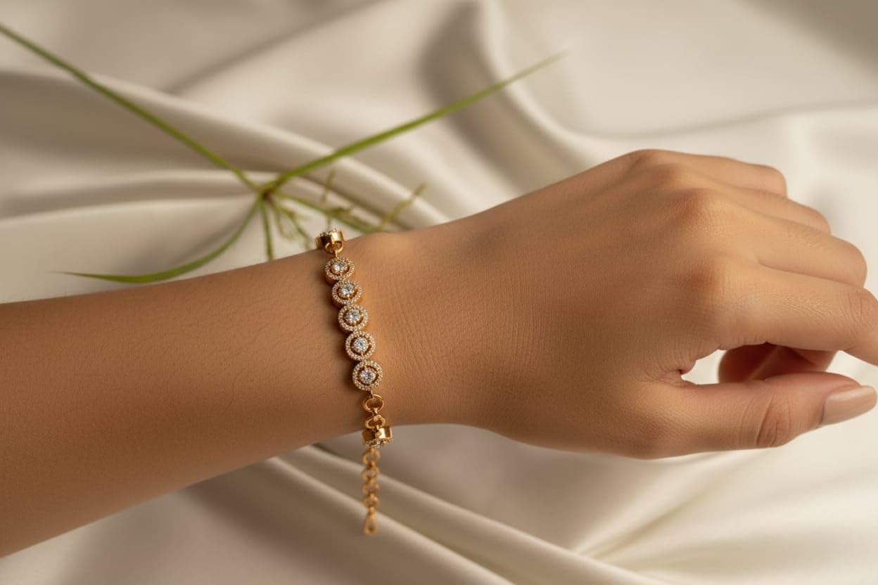 KAYRAH Gold Plated Round Crystal Chain Bracelet for Women Stylish Fashion Jewellery