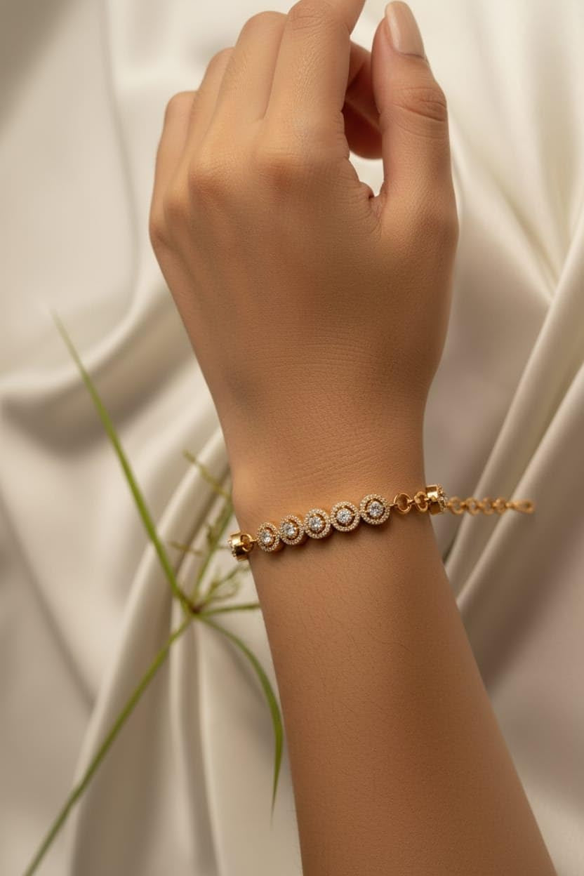 KAYRAH Gold Plated Round Crystal Chain Bracelet for Women Stylish Fashion Jewellery