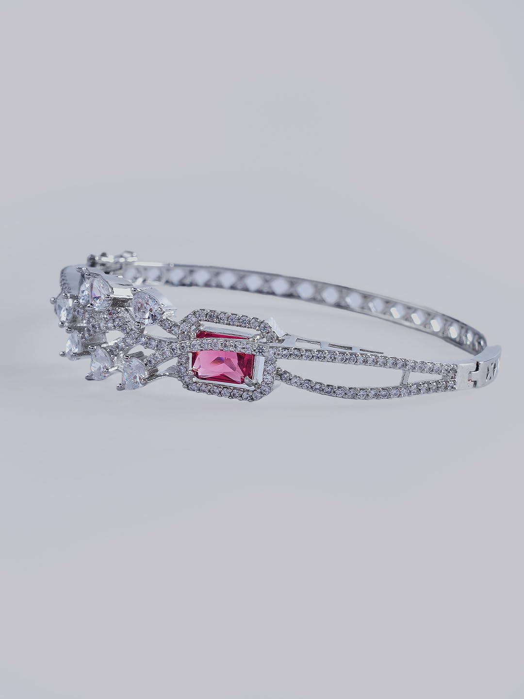 KAYRAH Silver Toned Pink Stone Crystal Floral Bracelet for Women