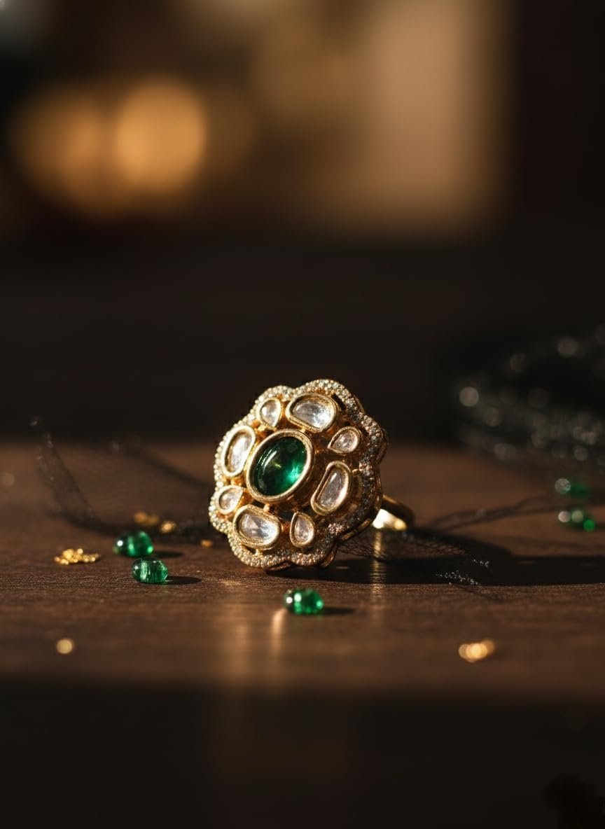 KAYRAH Brass Material Topaz Stone Stud Ring for Women and Girls for Every Occasion (Green Pota )