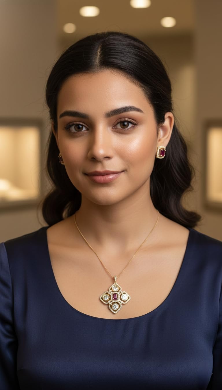 KAYRAH Gold Plated Green Stone Pendant Necklace Set with Stud Earrings, American Diamond, Fashion Jewellery for Women with Matching Earrings with Matching Earrings