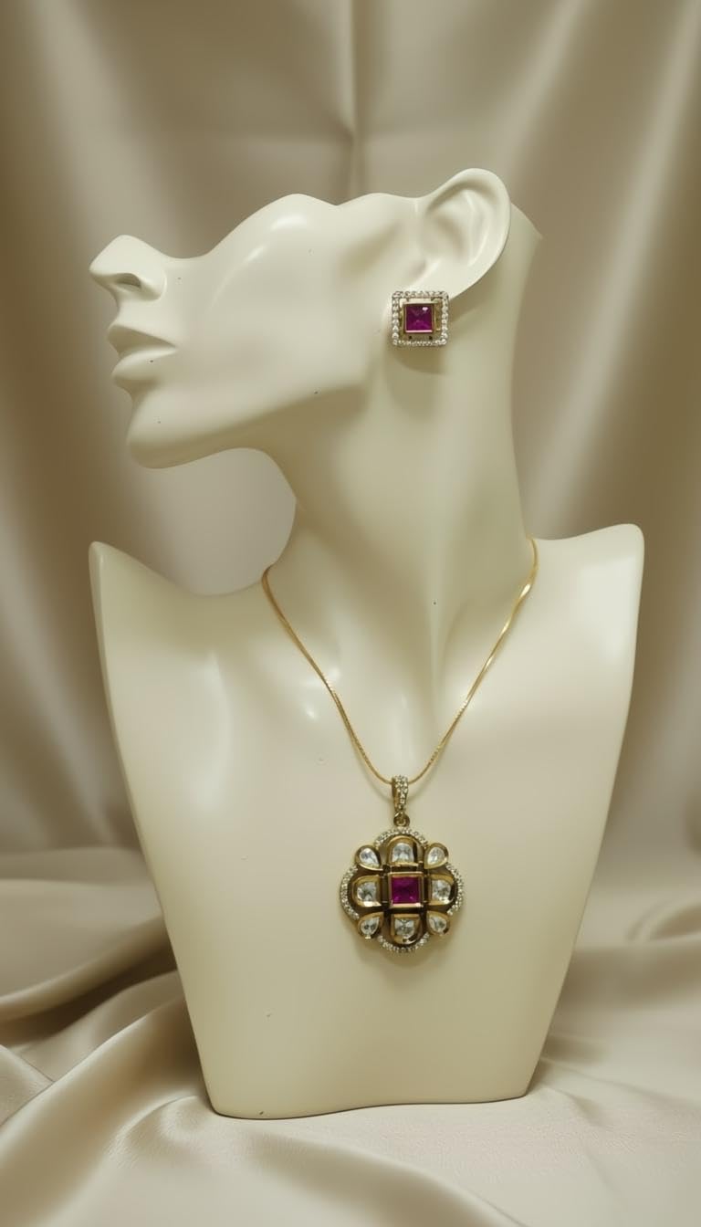 KAYRAH Women Red Brass Material Crafted Kundan Stone Studed Necklace with Earrings with Matching Earrings with Matching Earrings